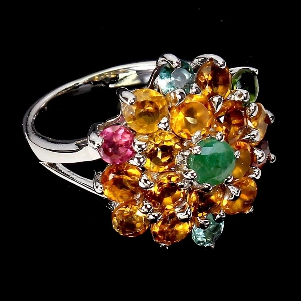 925 Sterling Silver Ring Round Emerald 4mm Citrine Tourmaline Jewelry Size 7.75